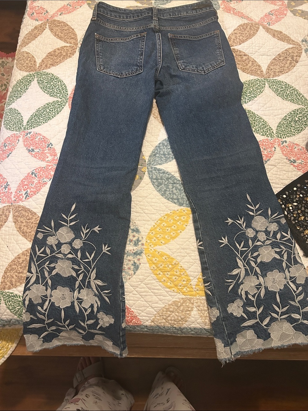 Pilcro Indigo Wide-Leg Jeans with White Floral Embroidery - Picture 2 of 3